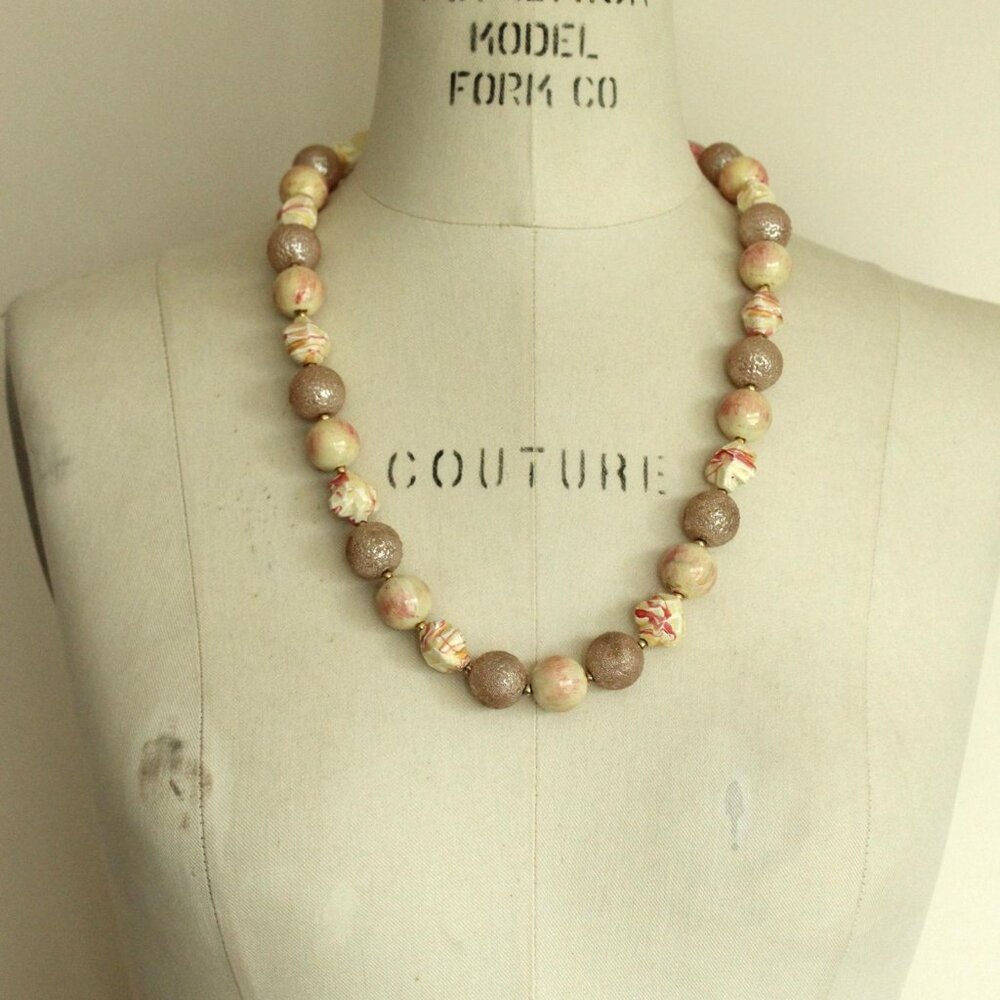 Vintage 1960s Necklace, Pink and White Large Beads with Gold Spacers Mod Jewelry